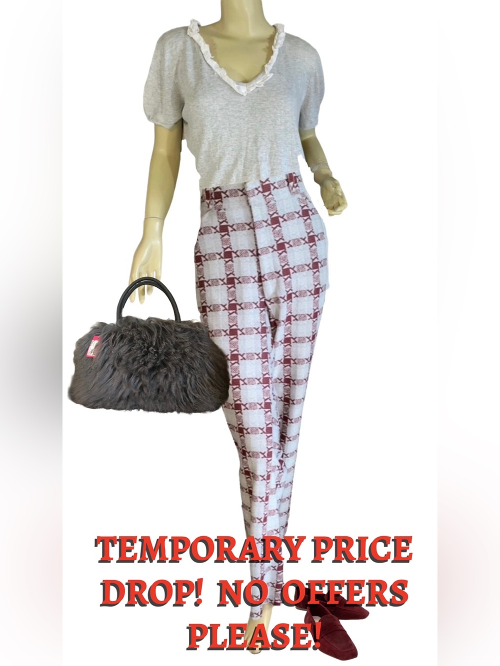 VINTAGE 1980'S GRAY AND MAROON PATTERN BOOT CUT TROUSERS (36/XL)